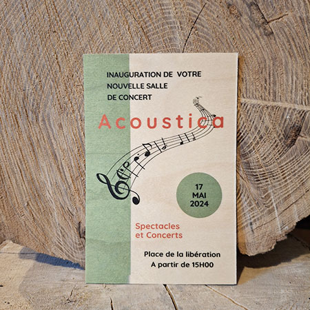 Carte en bois imprimée à distribuer pour l'inauguration d'une salle de spectacle